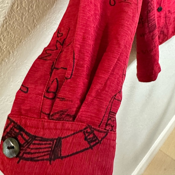 Chico’s Design Blouse Silk Linen Blend Printed Button-Up Red Size 2 - Picture 7 of 14